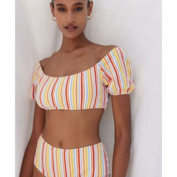 Lemlem Mokati Pouf Swim Top Striped Lemon Zest Size XS NWT - Picture 1 of 5
